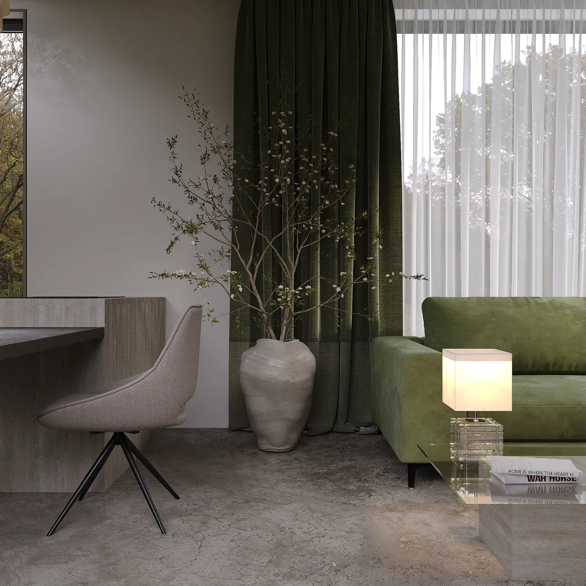 Kitchen & living in the Boutique House interior, 3D visualisation