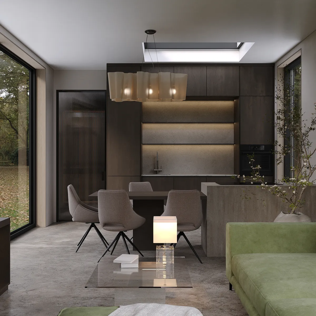 Kitchen & living in the Boutique House interior, 3D visualisation