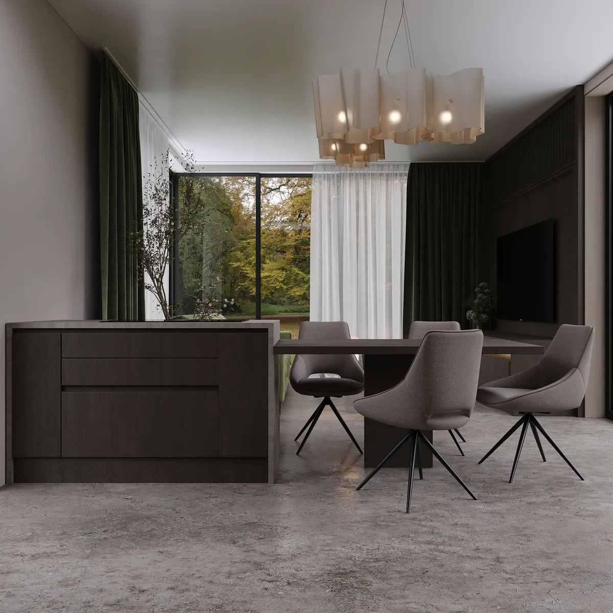 Kitchen & living in the Boutique House interior, 3D visualisation