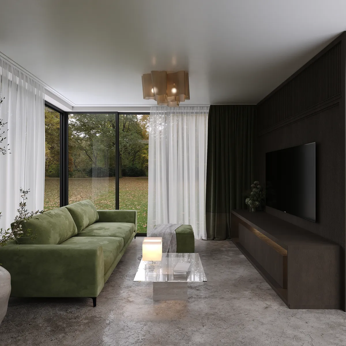 Kitchen & living in the Boutique House interior, 3D visualisation