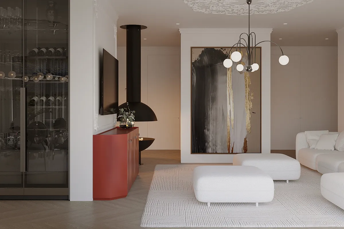 Living & dining in the Ivory Muse interior, 3D visualisation