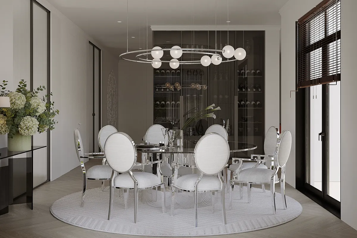 Living & dining in the Ivory Muse interior, 3D visualisation