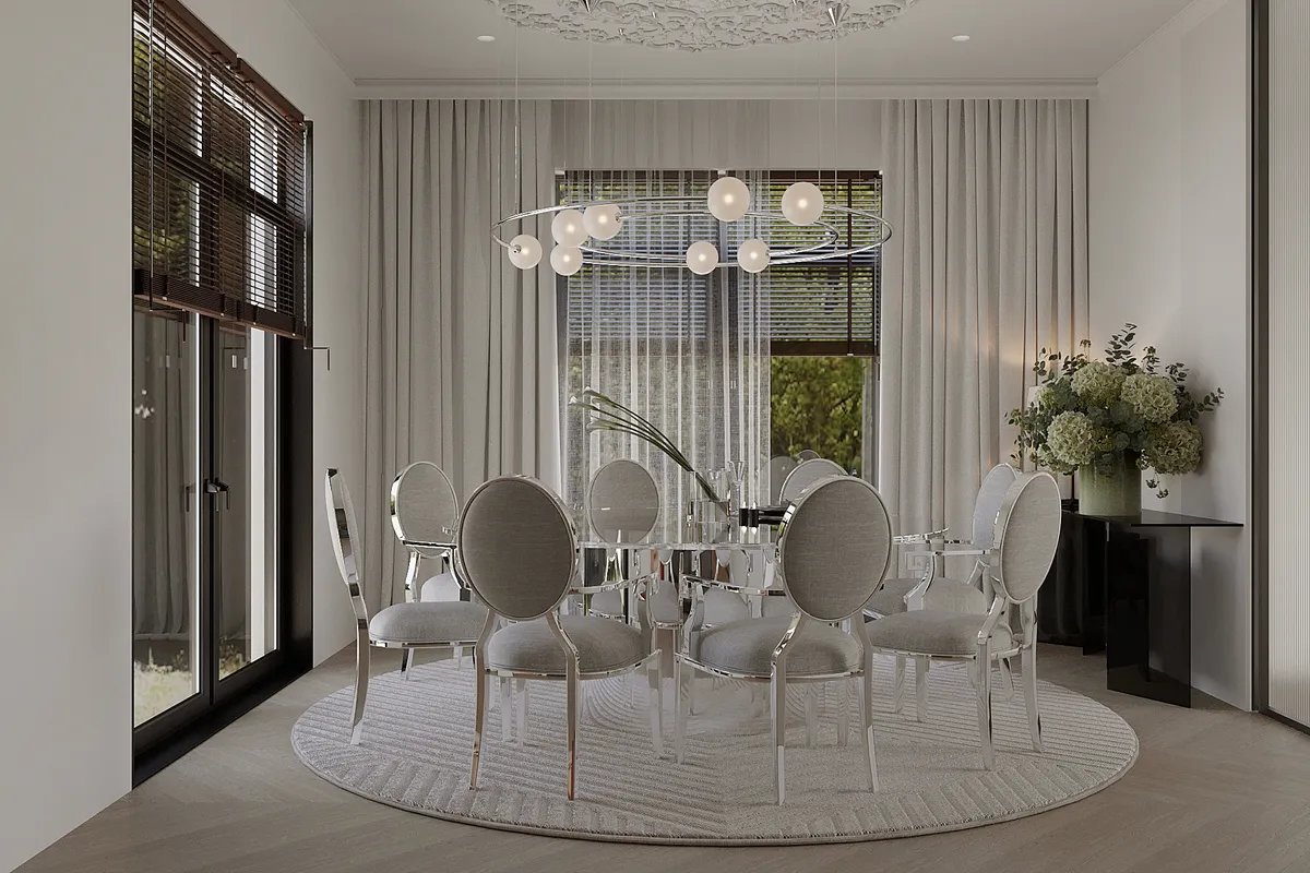 Living & dining in the Ivory Muse interior, 3D visualisation