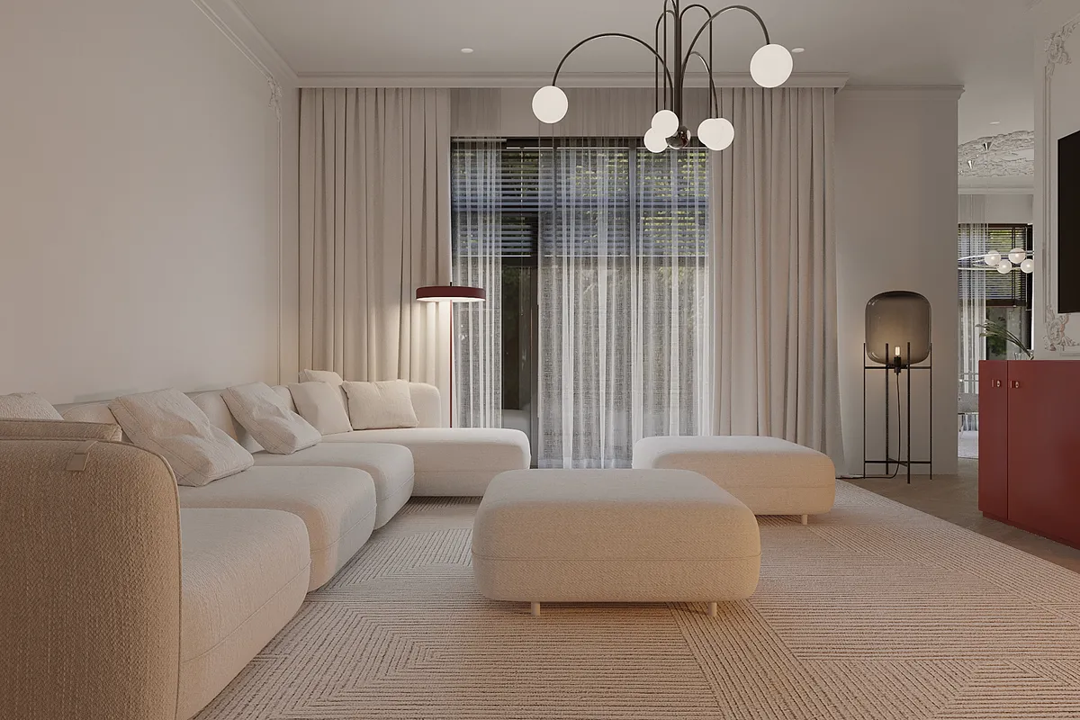 Living & dining in the Ivory Muse interior, 3D visualisation