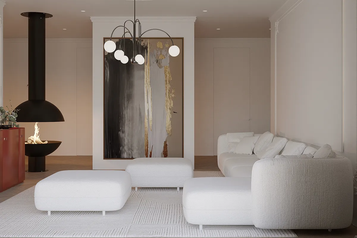 Living & dining in the Ivory Muse interior, 3D visualisation