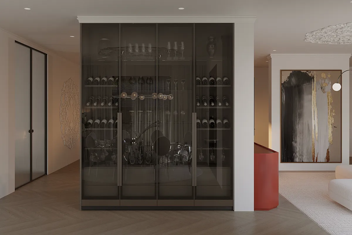 Living & dining in the Ivory Muse interior, 3D visualisation