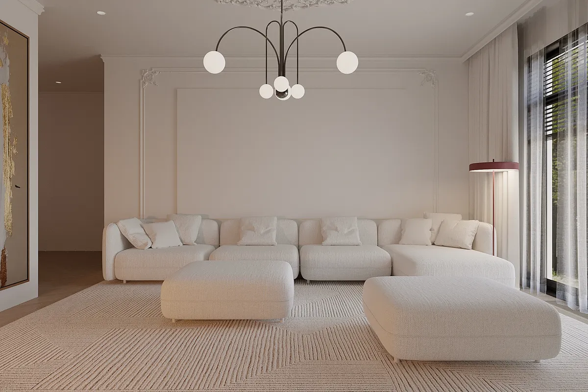 Living & dining in the Ivory Muse interior, 3D visualisation