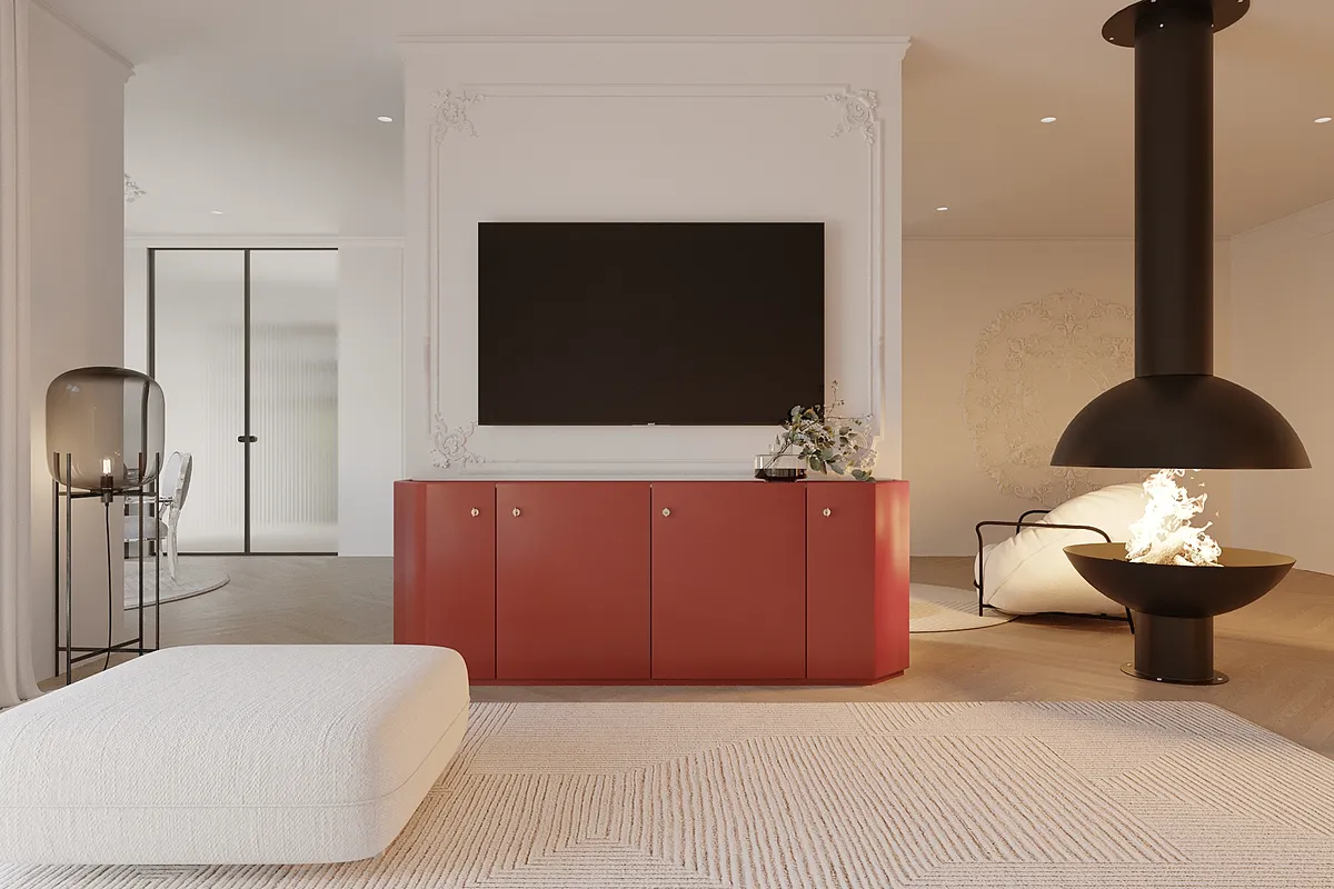 Living & dining in the Ivory Muse interior, 3D visualisation
