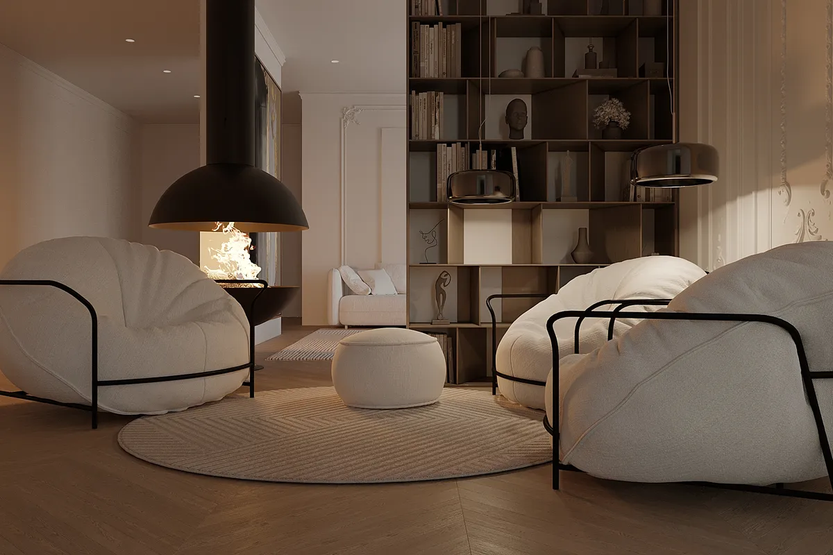 Living & dining in the Ivory Muse interior, 3D visualisation
