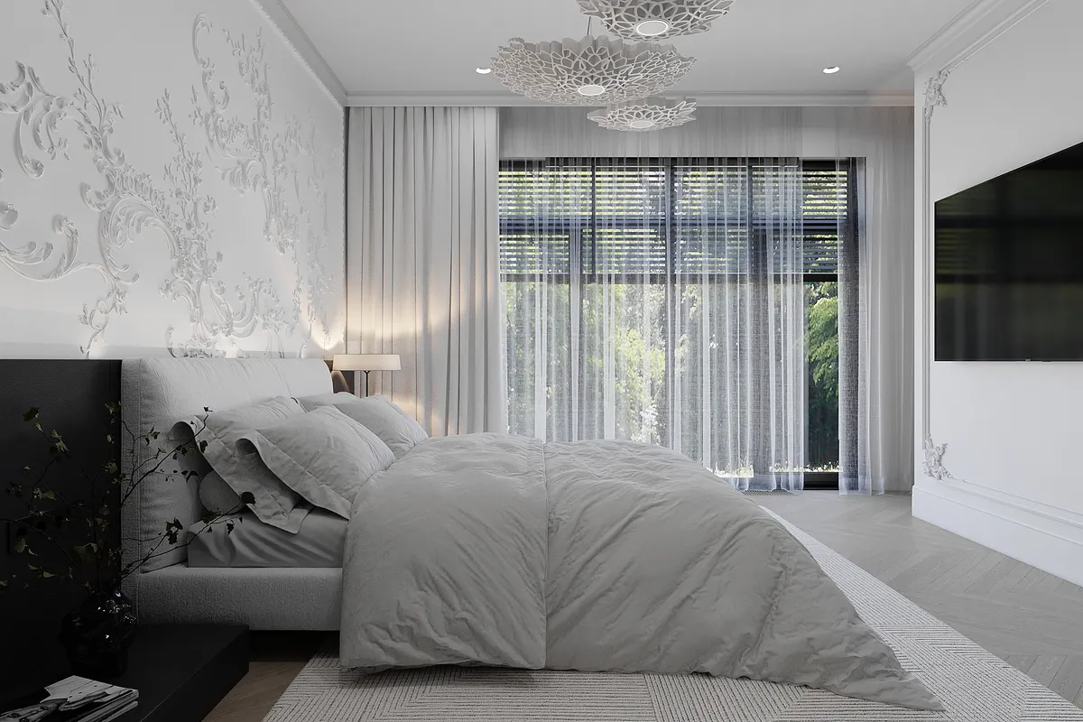 Master bedroom in the Ivory Muse interior, 3D visualisation