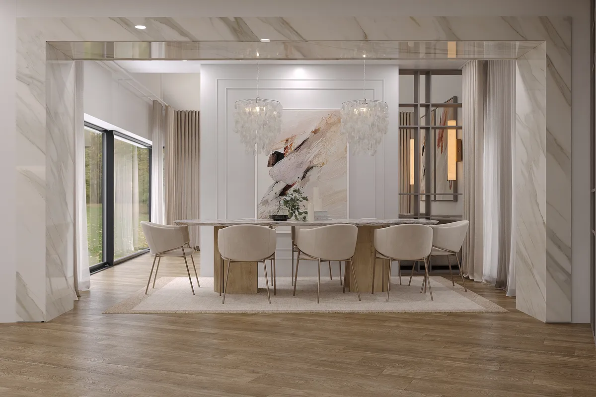 Kitchen & living in the Ivory Reverie interior, 3D visualisation