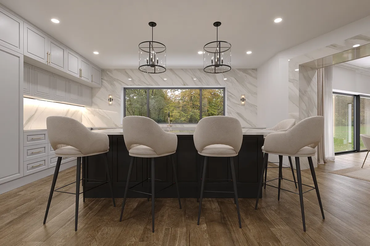 Kitchen & living in the Ivory Reverie interior, 3D visualisation