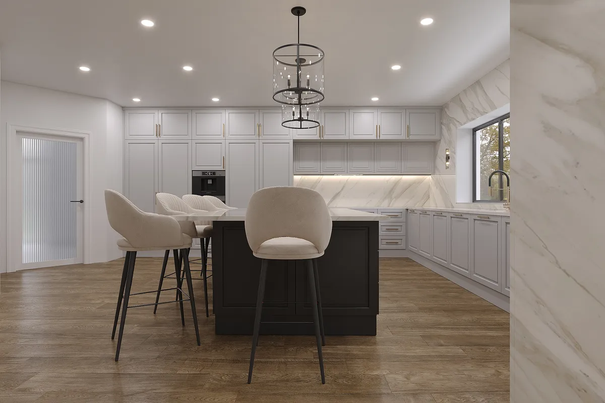 Kitchen & living in the Ivory Reverie interior, 3D visualisation