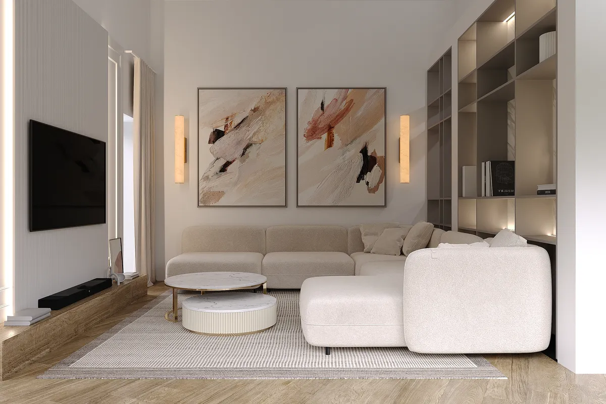 Kitchen & living in the Ivory Reverie interior, 3D visualisation