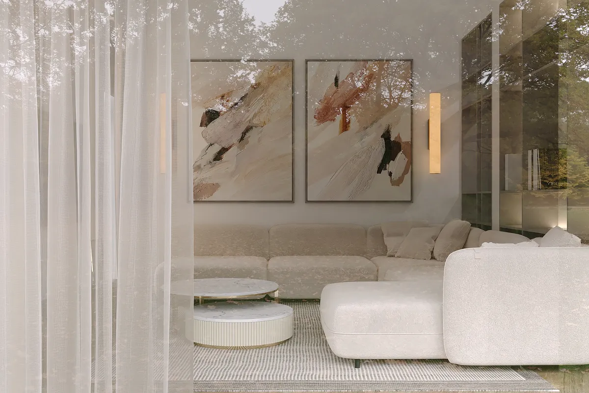 Kitchen & living in the Ivory Reverie interior, 3D visualisation