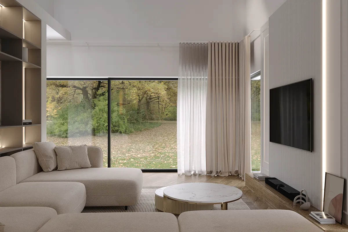 Kitchen & living in the Ivory Reverie interior, 3D visualisation