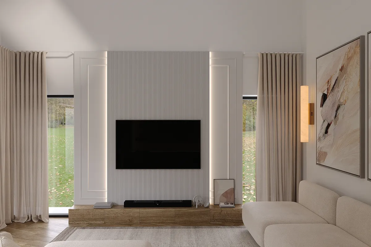 Kitchen & living in the Ivory Reverie interior, 3D visualisation