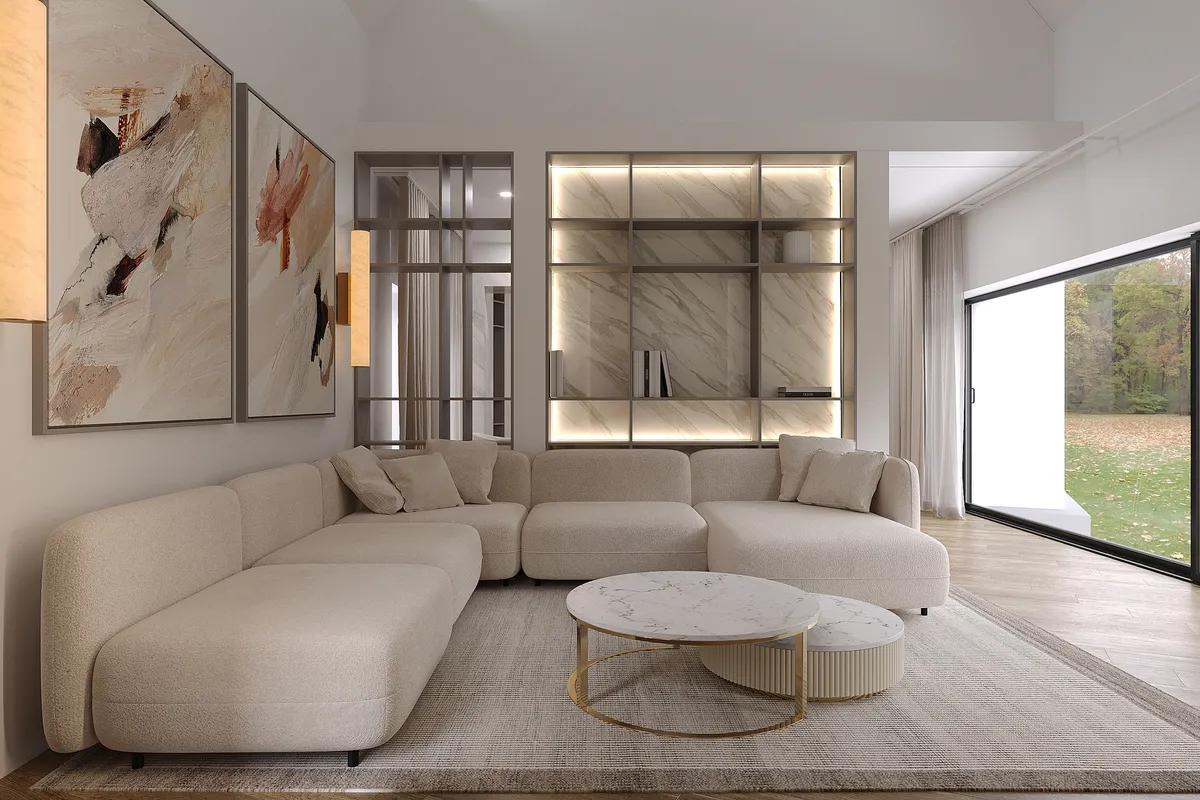 Kitchen & living in the Ivory Reverie interior, 3D visualisation