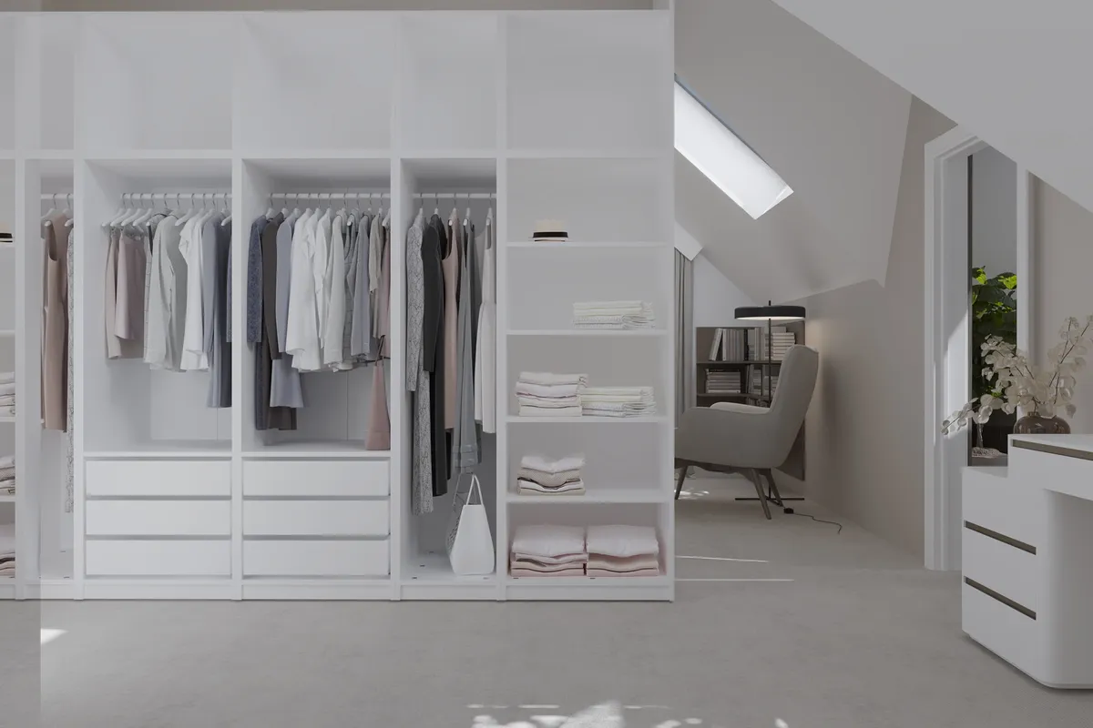 Master wardrobe in the Ivory Reverie interior, 3D visualisation