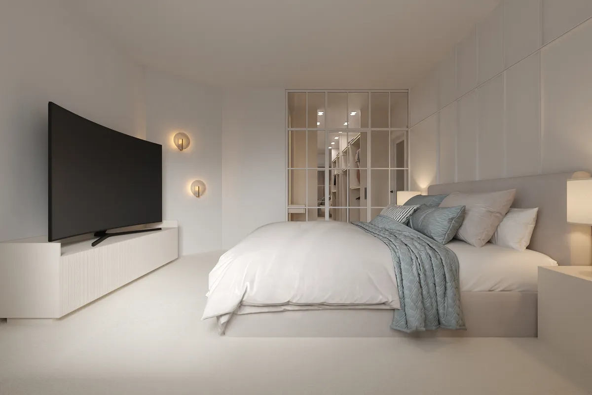Ground floor bedroom in the Ivory Reverie interior, 3D visualisation