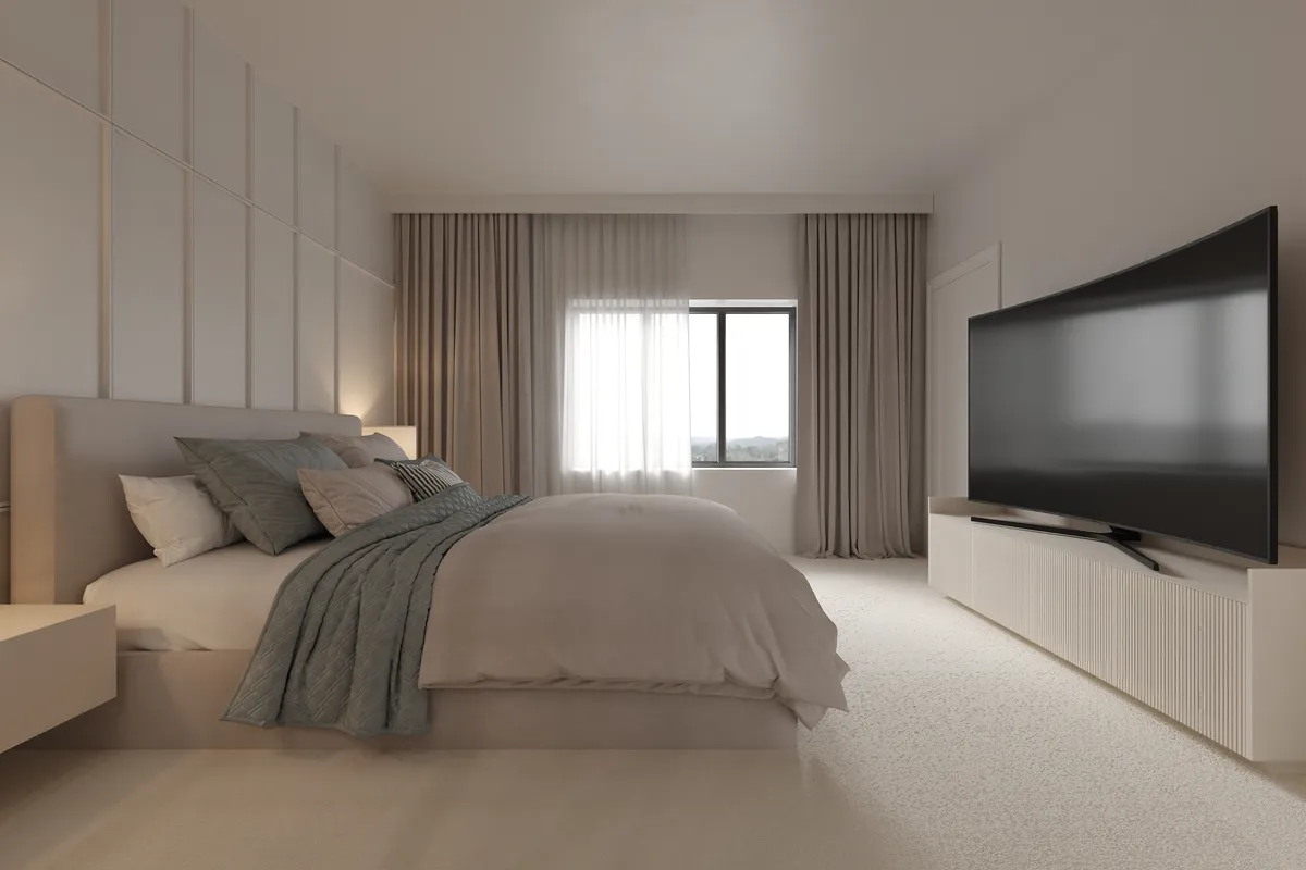 Ground floor bedroom in the Ivory Reverie interior, 3D visualisation