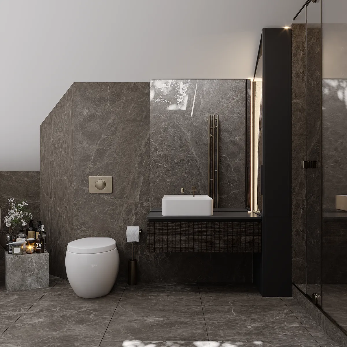 Upstairs bathroom in the Ivory Reverie interior, 3D visualisation