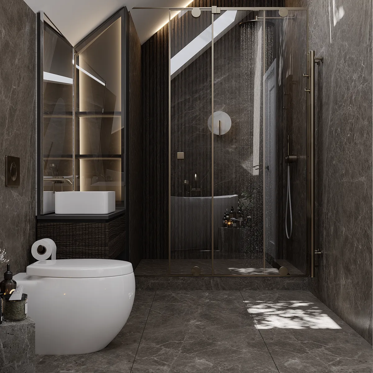 Upstairs bathroom in the Ivory Reverie interior, 3D visualisation