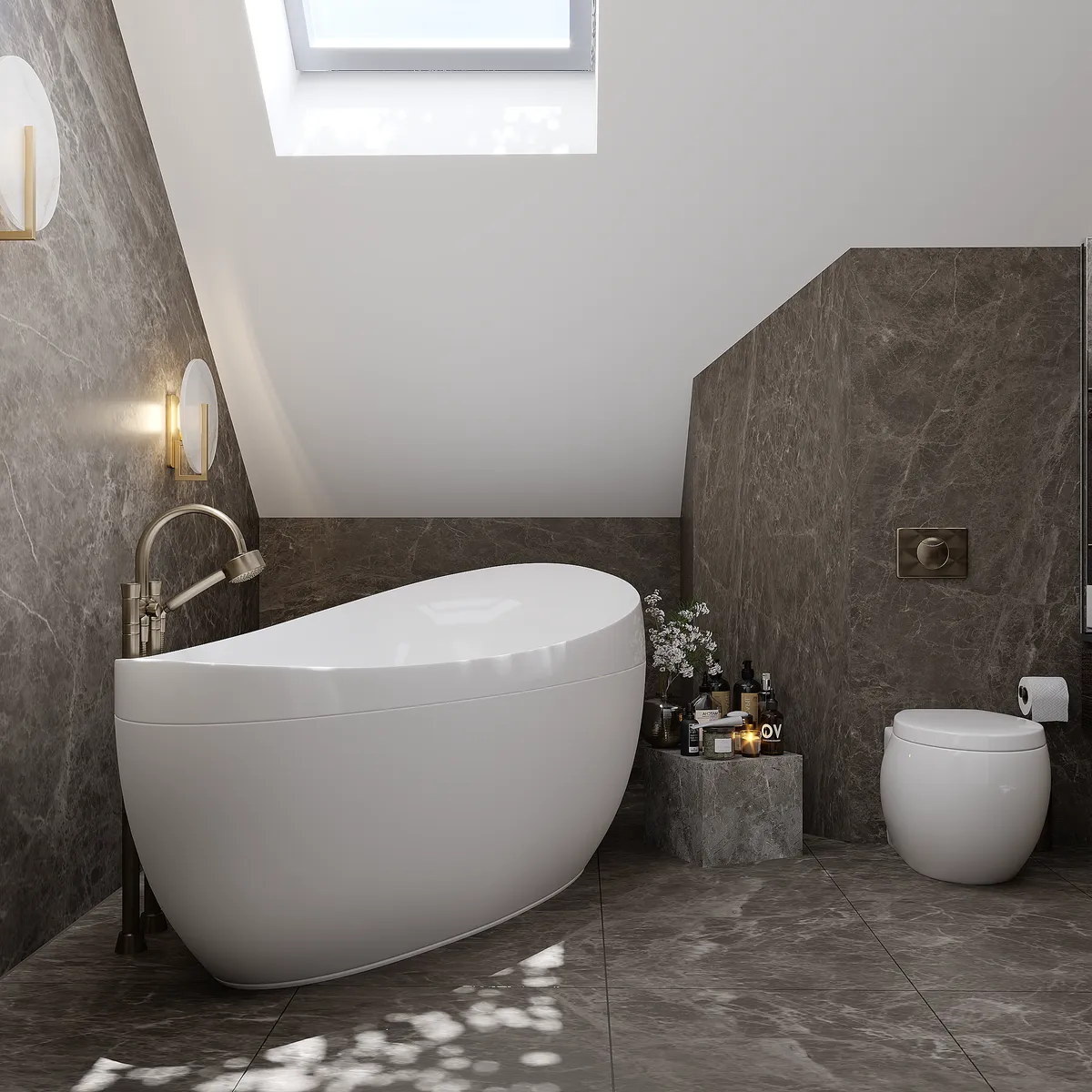 Upstairs bathroom in the Ivory Reverie interior, 3D visualisation