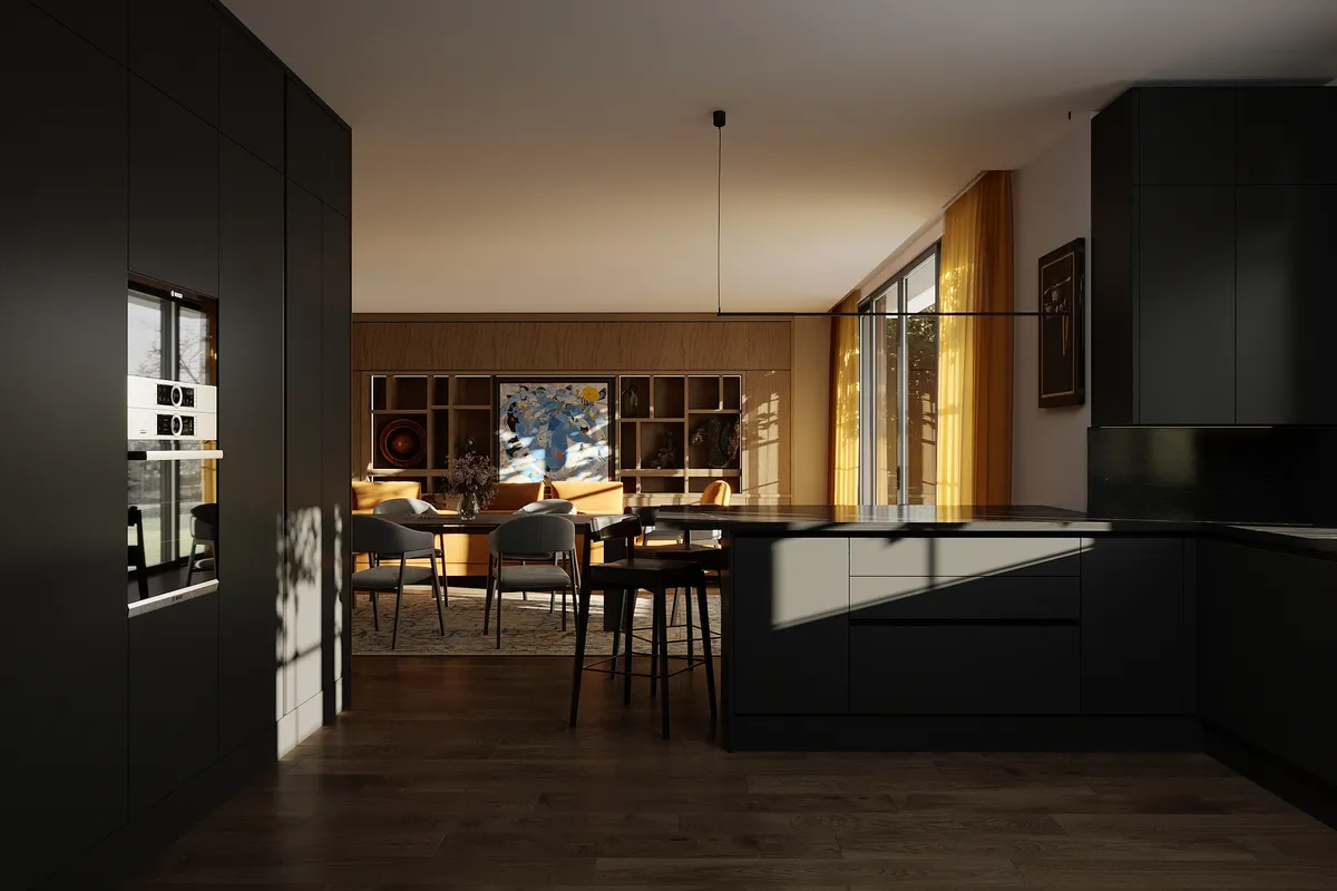 Kitchen in the Midcentury Muse interior, 3D visualisation