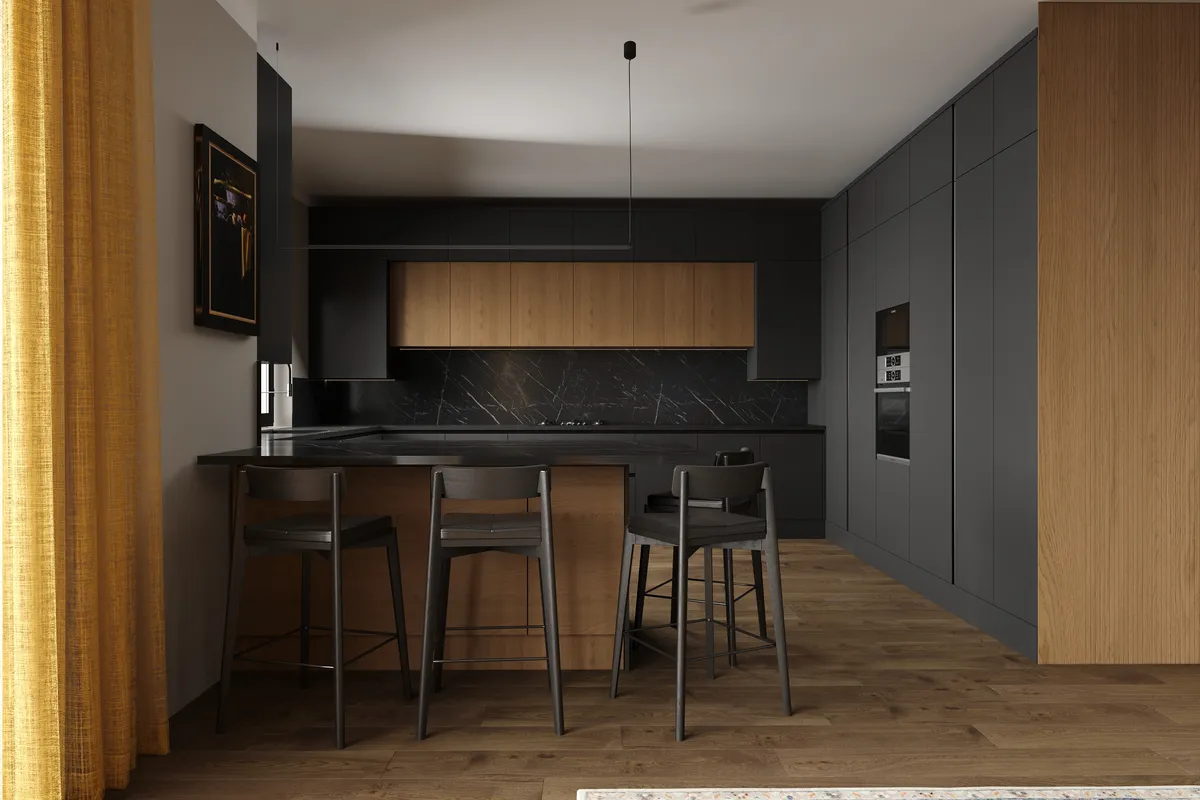 Kitchen in the Midcentury Muse interior, 3D visualisation