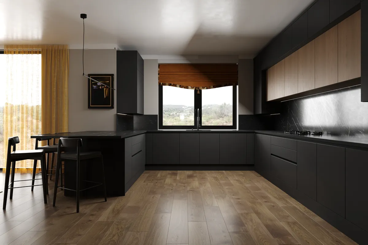 Kitchen in the Midcentury Muse interior, 3D visualisation