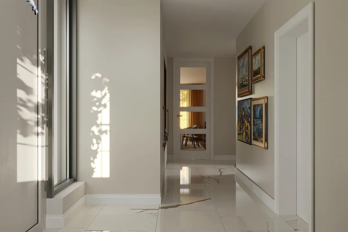Hall in the Midcentury Muse interior, 3D visualisation