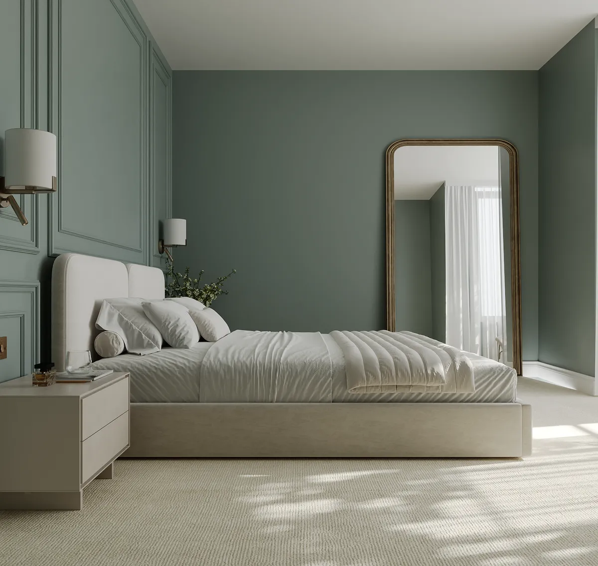 Master bedroom in the Midcentury Muse interior, 3D visualisation