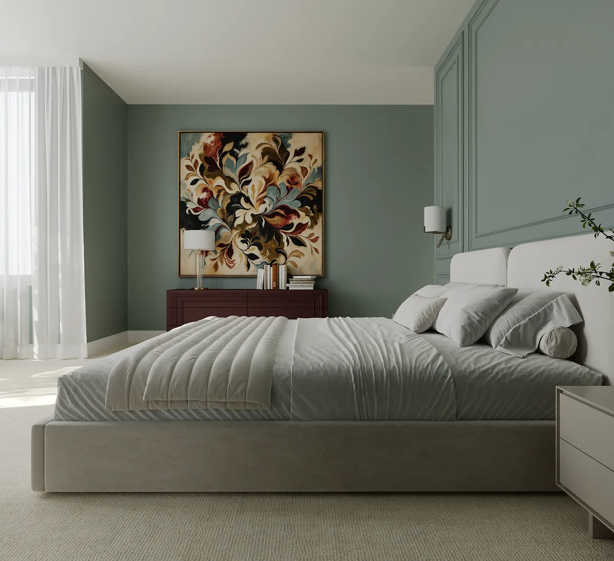 Master bedroom in the Midcentury Muse interior, 3D visualisation