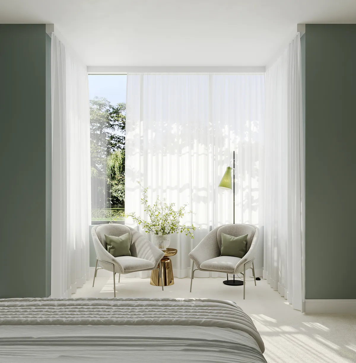 Master bedroom in the Midcentury Muse interior, 3D visualisation