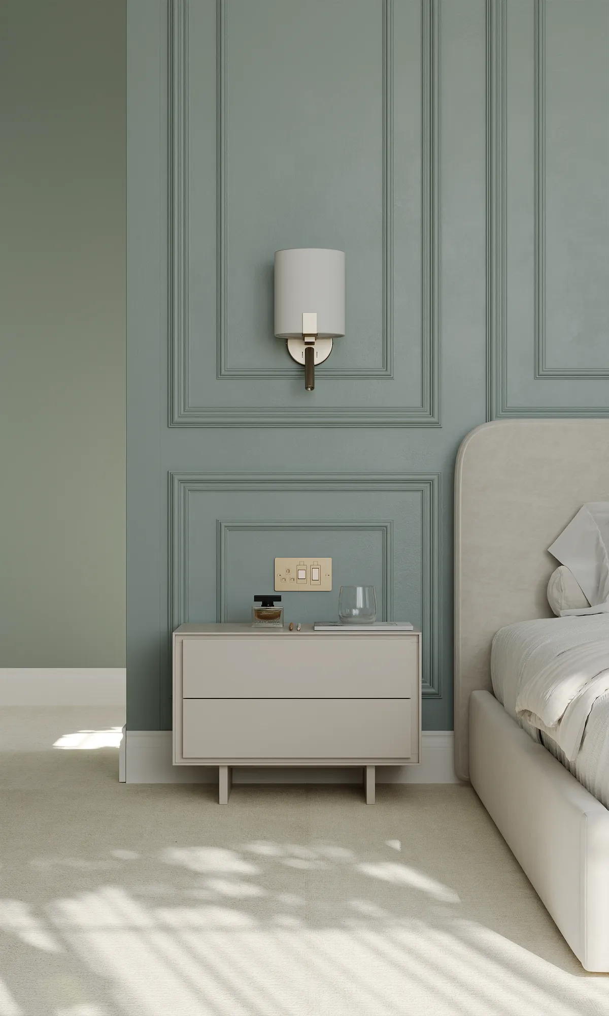 Master bedroom in the Midcentury Muse interior, 3D visualisation