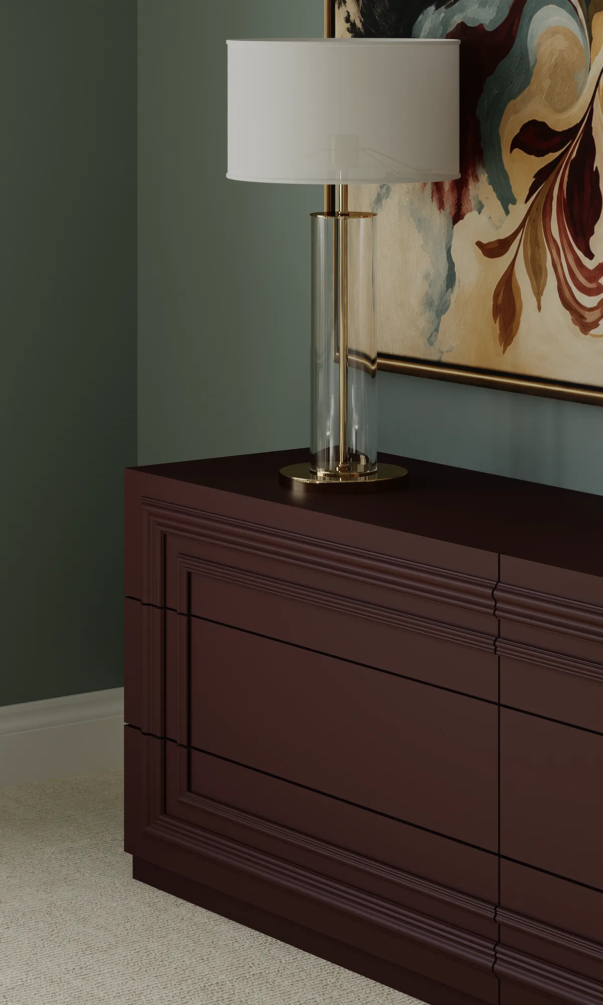 Master bedroom in the Midcentury Muse interior, 3D visualisation