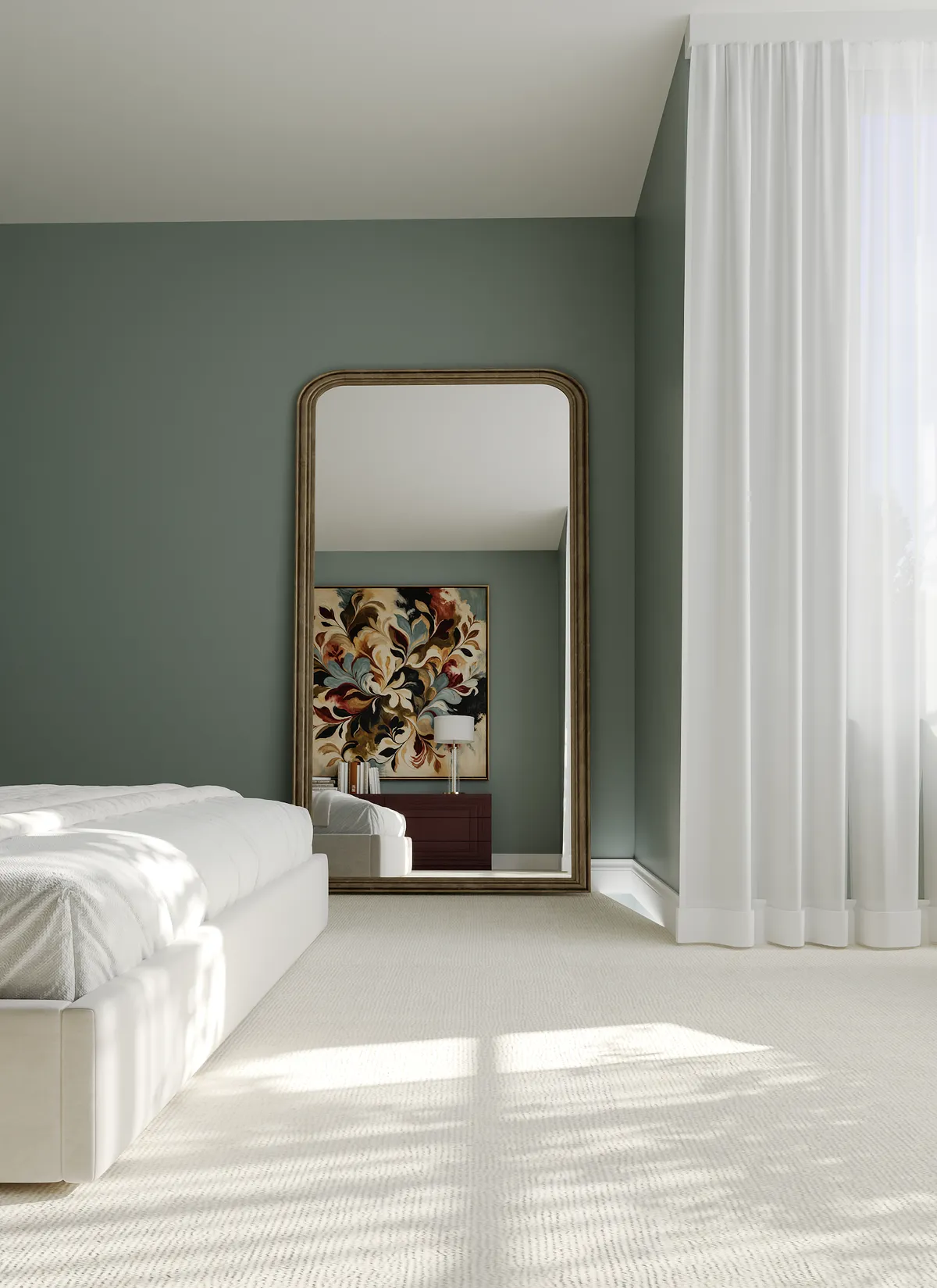 Master bedroom in the Midcentury Muse interior, 3D visualisation