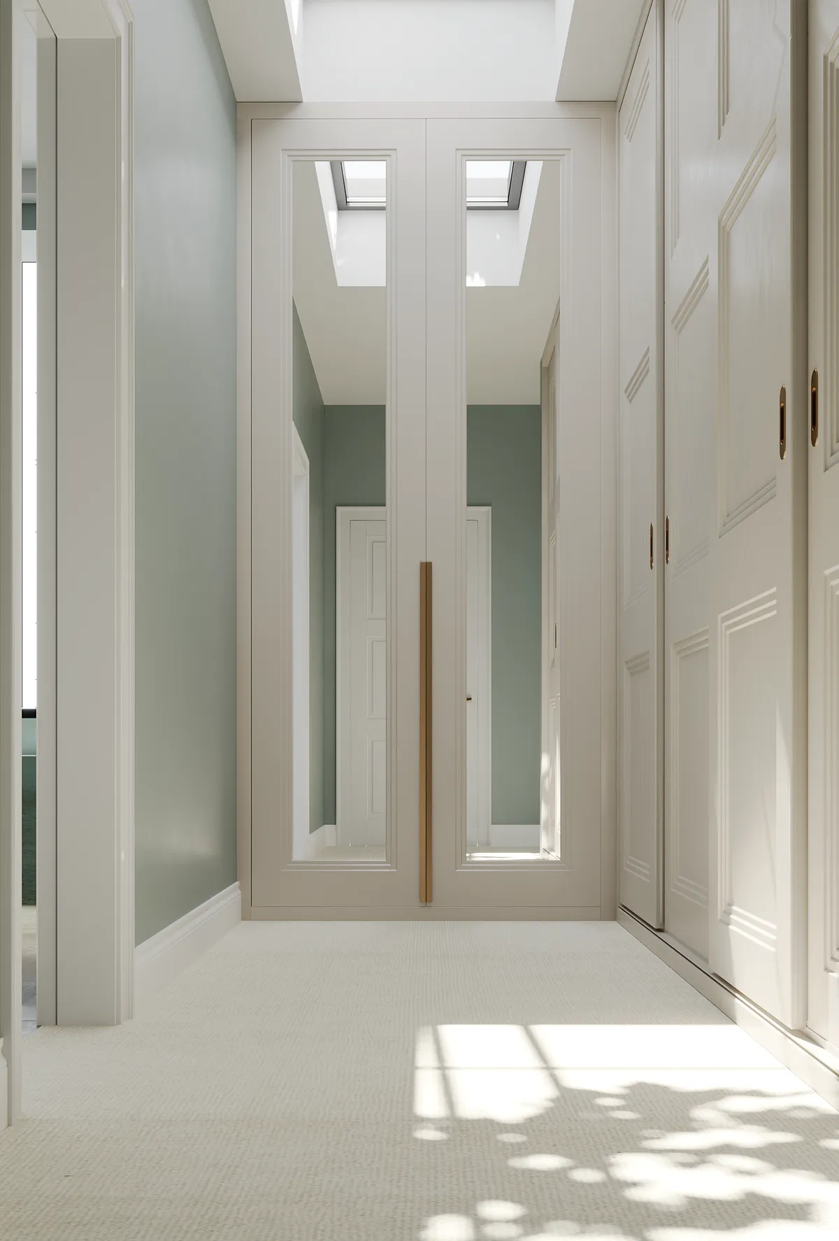 Walk-in wardrobe in the Midcentury Muse interior, 3D visualisation