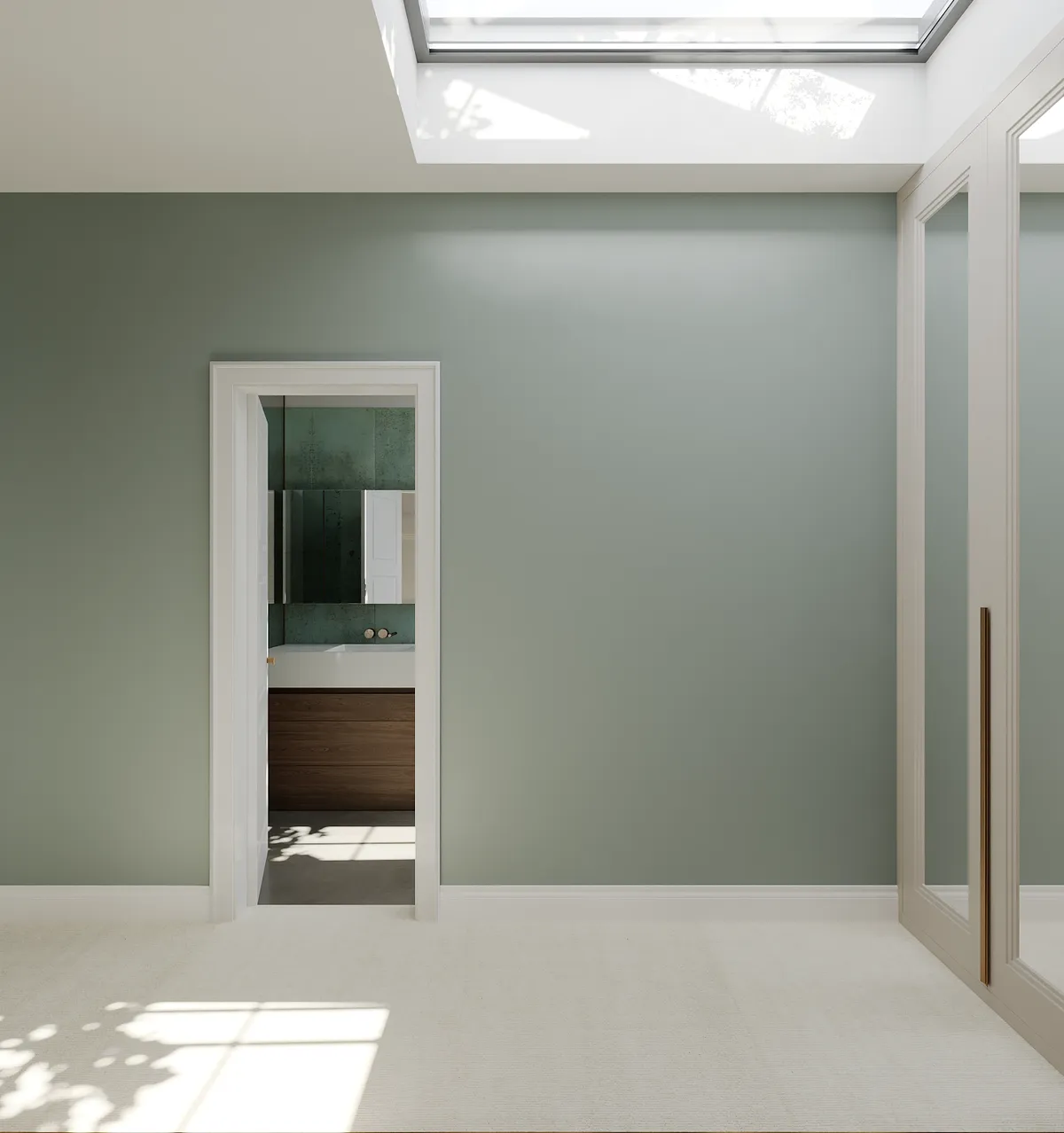 Walk-in wardrobe in the Midcentury Muse interior, 3D visualisation