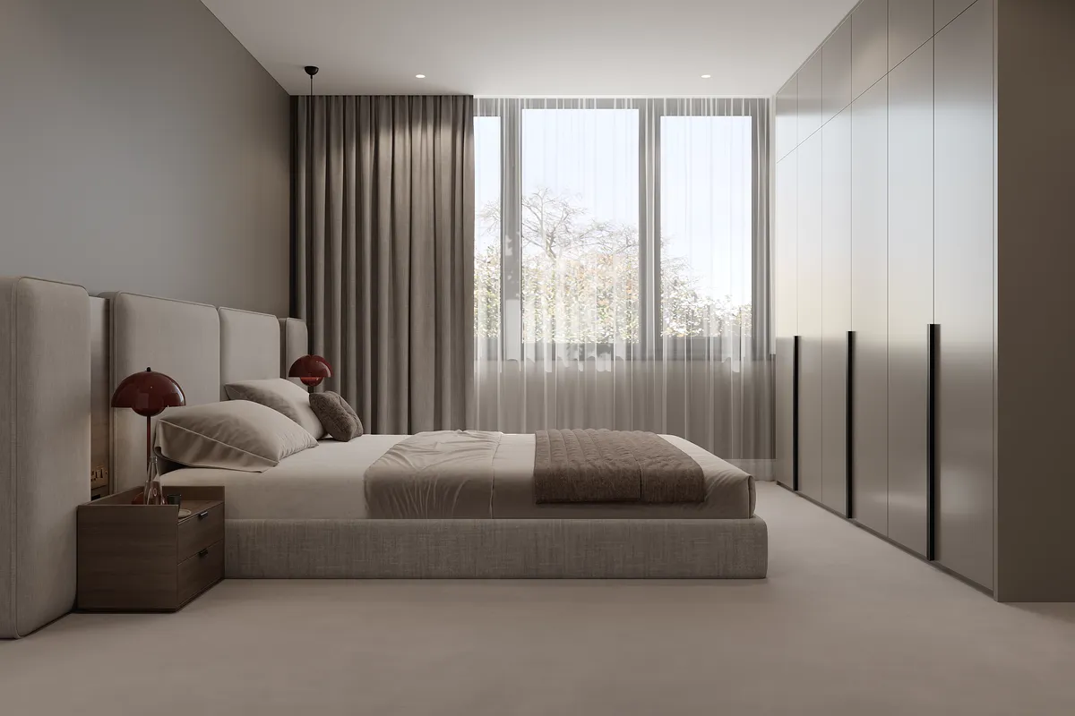 Upstairs bedroom in the Midcentury Muse interior, 3D visualisation