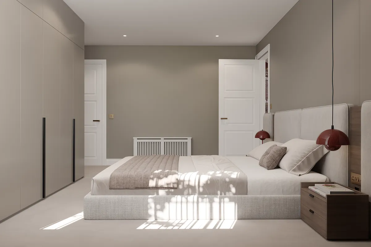 Upstairs bedroom in the Midcentury Muse interior, 3D visualisation