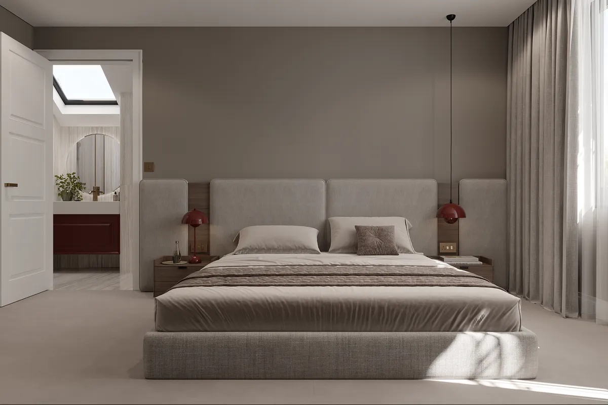 Upstairs bedroom in the Midcentury Muse interior, 3D visualisation