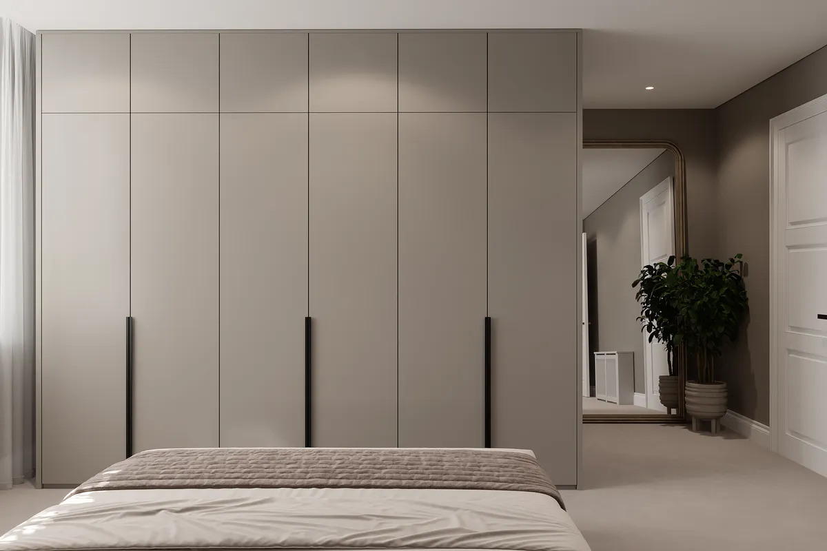 Upstairs bedroom in the Midcentury Muse interior, 3D visualisation