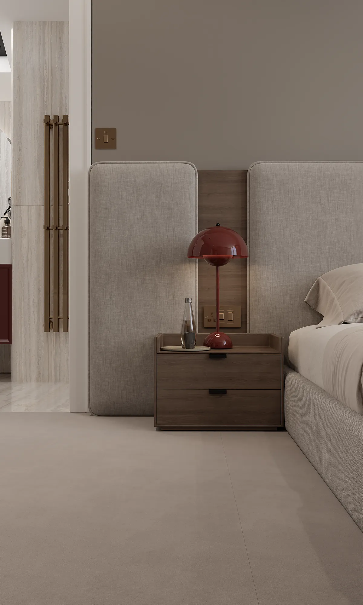 Upstairs bedroom in the Midcentury Muse interior, 3D visualisation