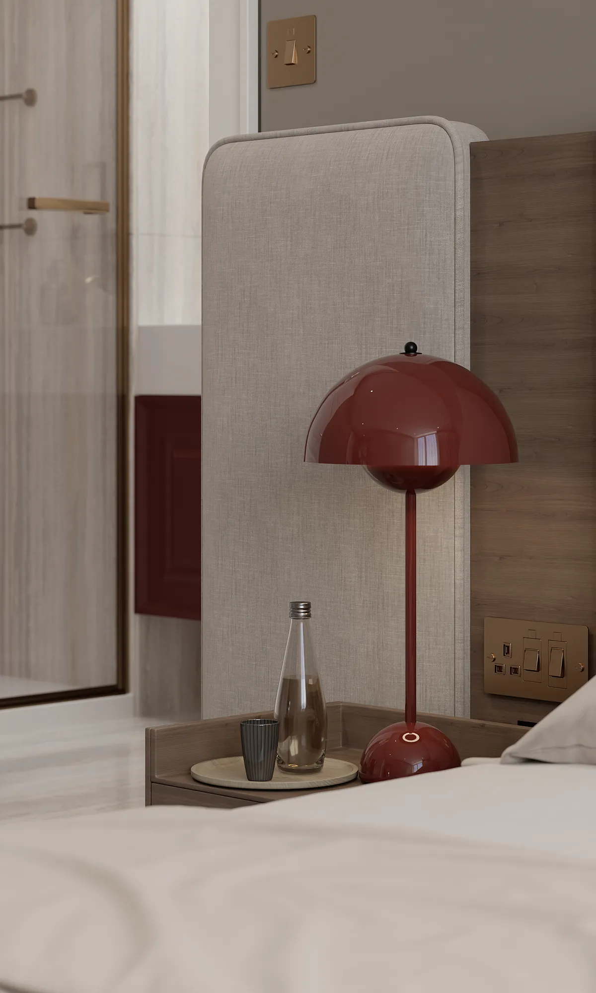 Upstairs bedroom in the Midcentury Muse interior, 3D visualisation
