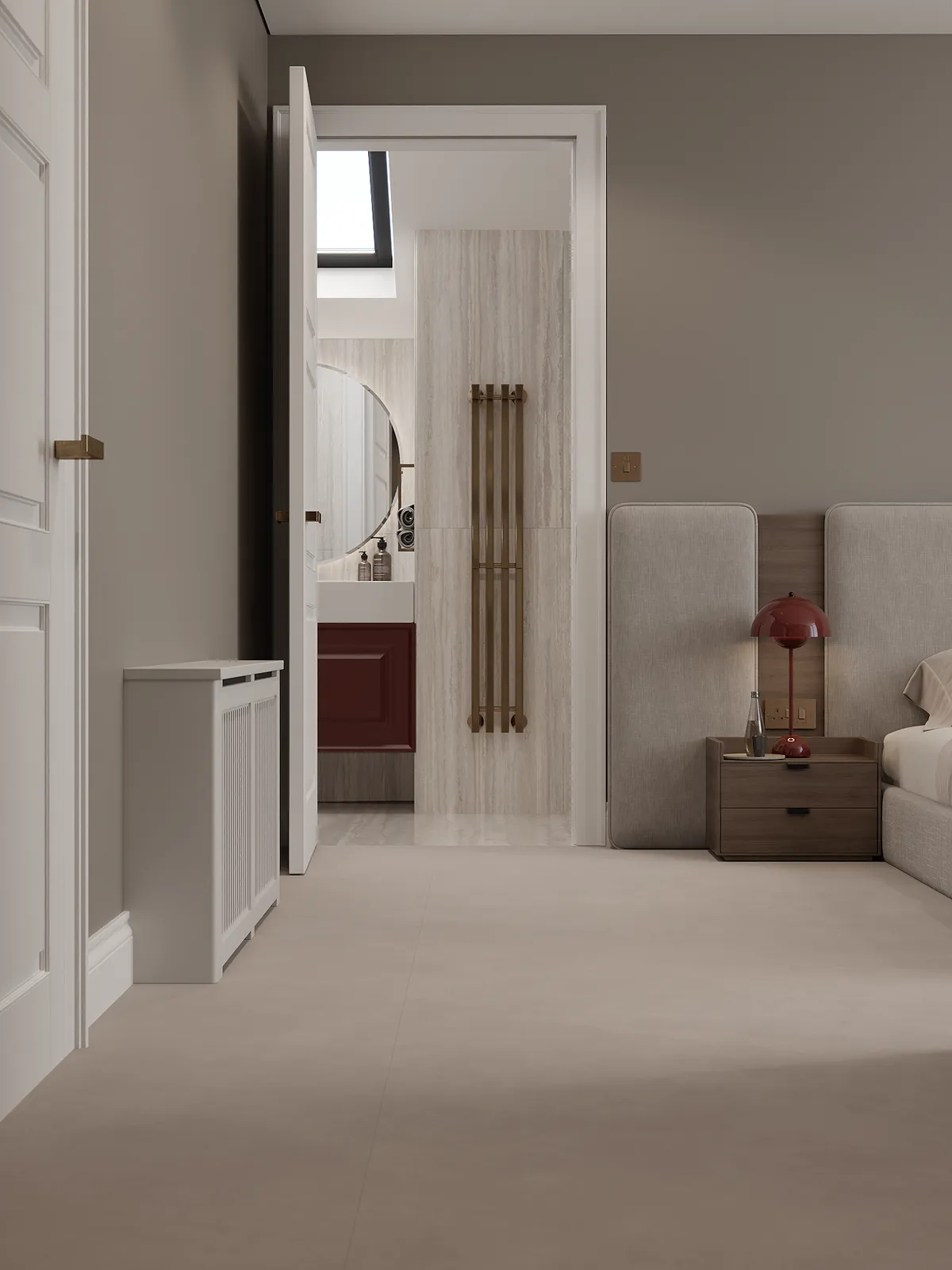 Upstairs bedroom in the Midcentury Muse interior, 3D visualisation