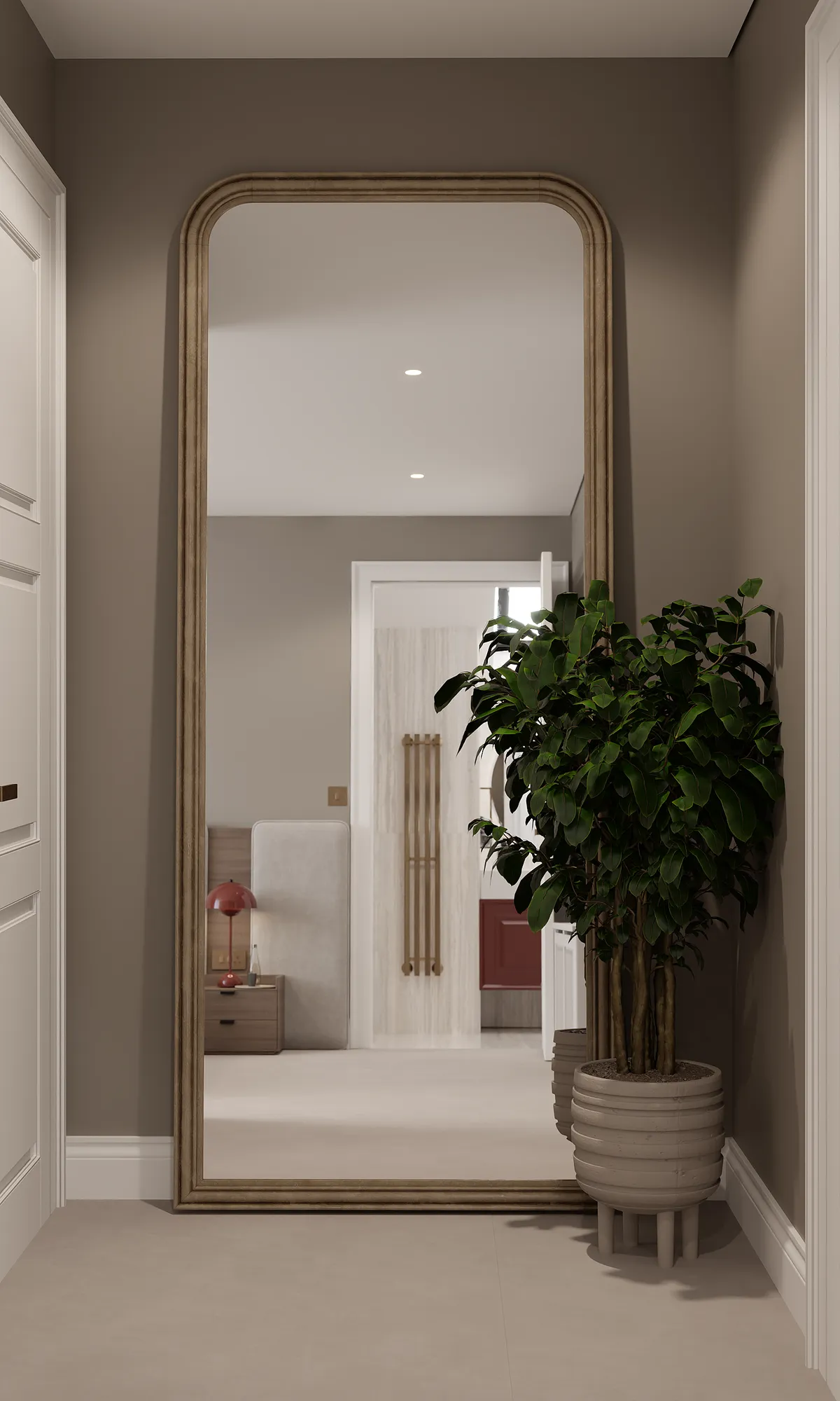 Upstairs bedroom in the Midcentury Muse interior, 3D visualisation