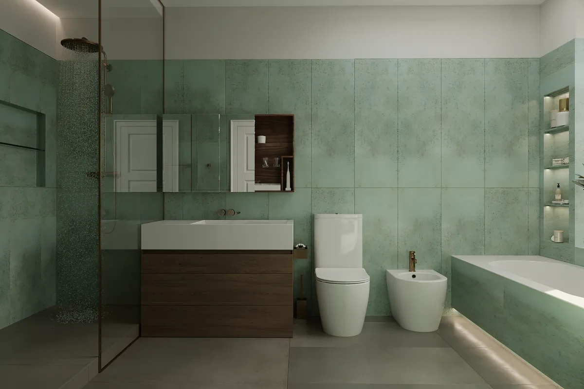 Master bathroom in the Midcentury Muse interior, 3D visualisation