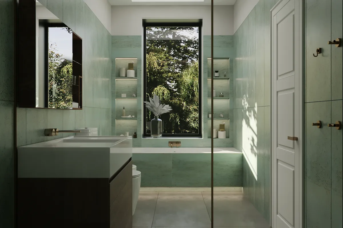 Master bathroom in the Midcentury Muse interior, 3D visualisation